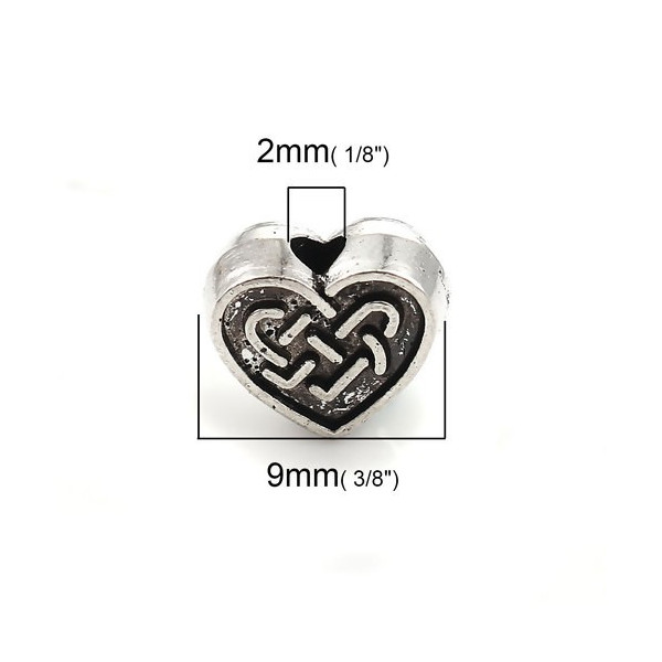 PS110117676 PAX 25 passants, perles intercalaires Coeurs Entrelacs 9mm métal coloris Argent Antique