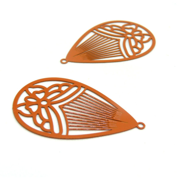 AE116003 Lot de 4 Estampes pendentif filigrane Papillon Medaillon Goutte 45mm métal couleur Orange Brique