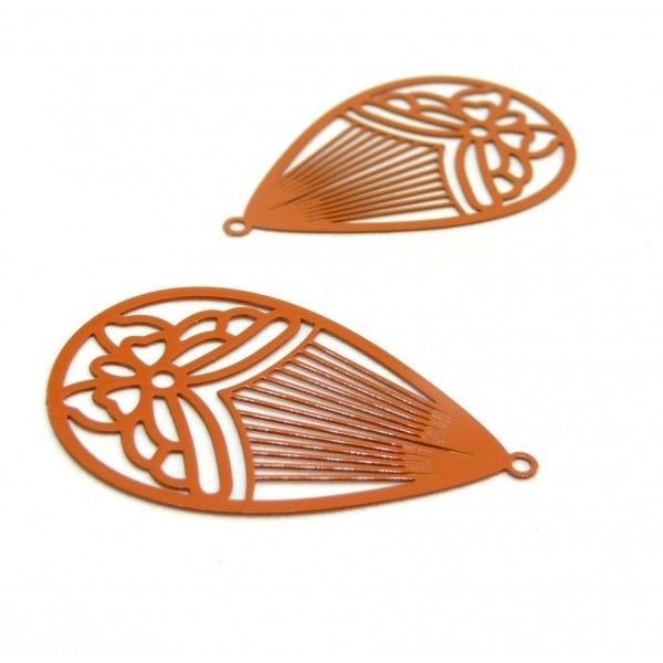 AE116003 Lot de 4 Estampes pendentif filigrane Papillon Medaillon Goutte 45mm métal couleur Orange Brique