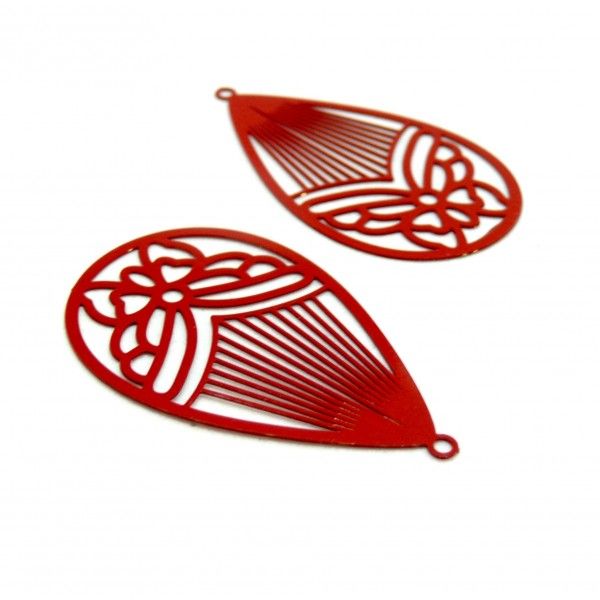 Estampes pendentif filigrane Papillon Medaillon Goutte 45mm métal couleur Rouge