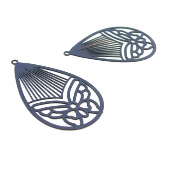 Estampes pendentif filigrane Papillon Medaillon Goutte 45mm métal couleur Gris Bleu