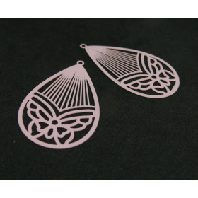 AE116003 Lot de 4 Estampes pendentif filigrane Papillon Medaillon Goutte 45mm métal couleur Rose Pale