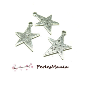 breloques, pendentifs ETOILES 30 mm, metal couleur ARGENT ANTIQUE