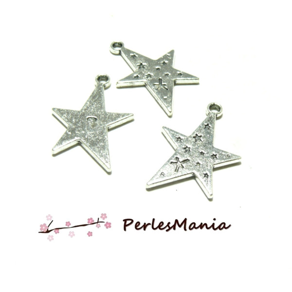breloques, pendentifs ETOILES 30 mm, metal couleur ARGENT ANTIQUE