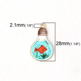 PS110115267 PAX 5 pendentifs résine style émaillés Poisson dans Ampoule sur une base en métal dore