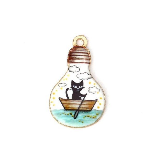 pendentifs résine style émaillés Chat dans Ampoule sur une base en métal dore
