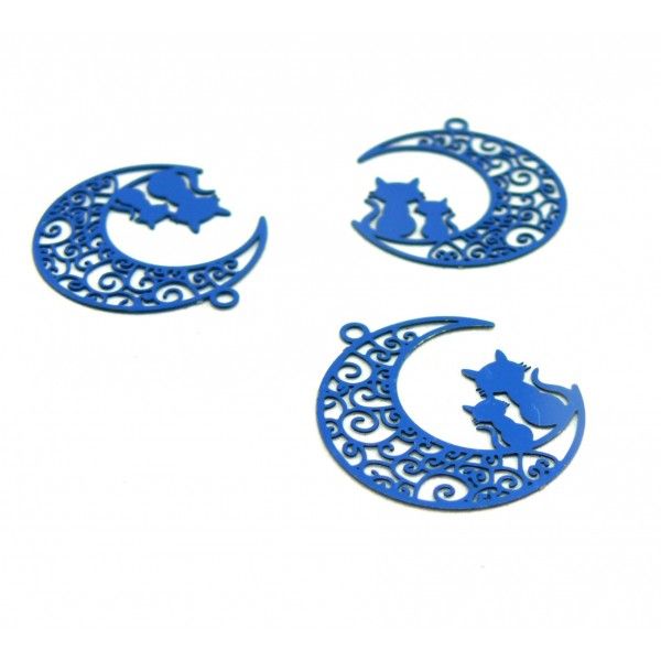 AE116189 Lot de 4 Estampes pendentif filigrane Chats et Lune Bleu 20 par 25mm