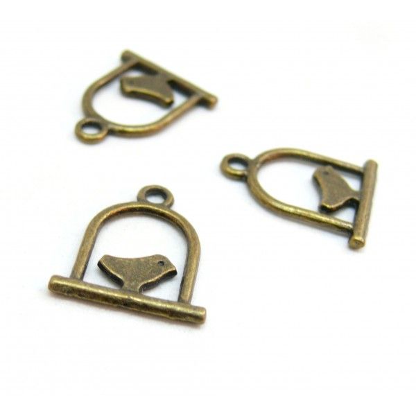 P3160 Lot de 20 pendentifs, breloques oiseaux cage perchoir Petit Modèle métal coloris Bronze