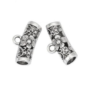 Pendentifs bélières tube fleurs 20 x 11mm métal argent antique
