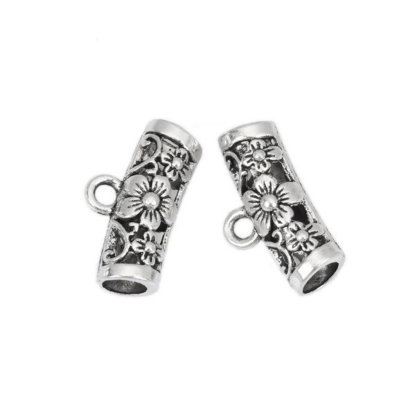 Pendentifs bélières tube fleurs 20 x 11mm métal argent antique