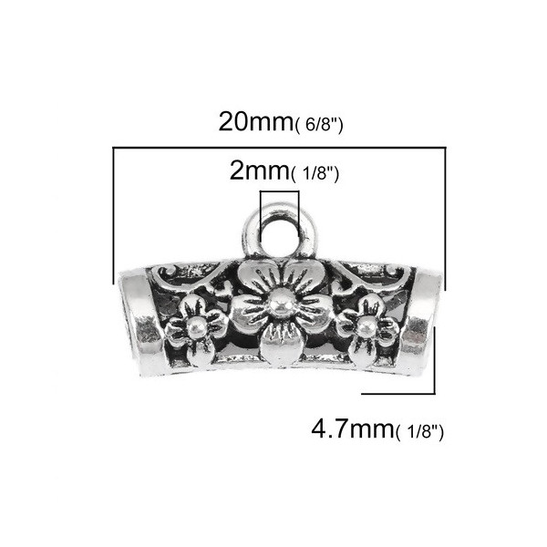 Pendentifs bélières tube fleurs 20 x 11mm métal argent antique