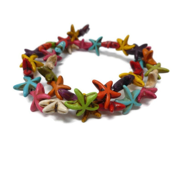 H11143 Lot 1 fil environ 38 Perles ETOILE de MER 14mm Turquoise Howlite Multicolore