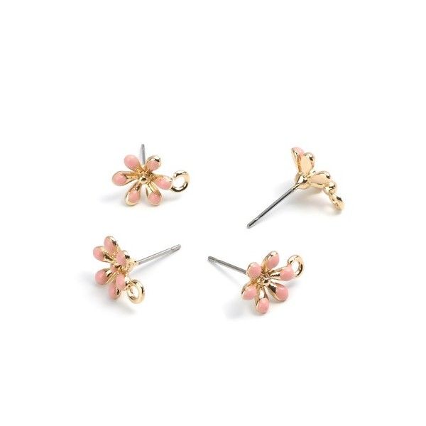 Boucles d'oreille clou puce avec attache Fleur émaillée Rose métal couleur Doré ( vendu avec embouts poussoirs plastique )
