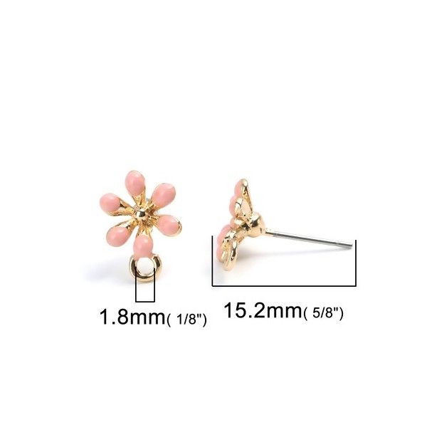 Boucles d'oreille clou puce avec attache Fleur émaillée Rose métal couleur Doré