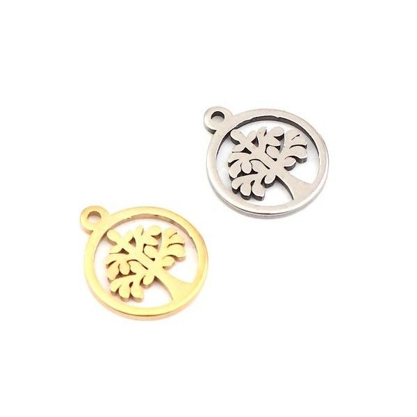 S11257480 PAX 10 Pendentifs Arbre dans cercle 10 mm en Acier Inoxydable Coloris Argent pour bijoux raffinés