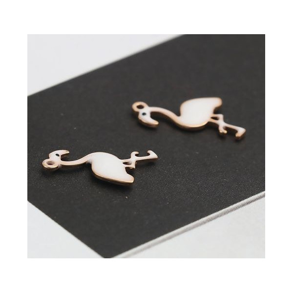 Pendentifs style émaillés Flamingo, Flamant Rose 14 par 7mm Blanc