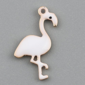 Pendentifs style émaillés Flamingo, Flamant Rose 14x7mm Blanc