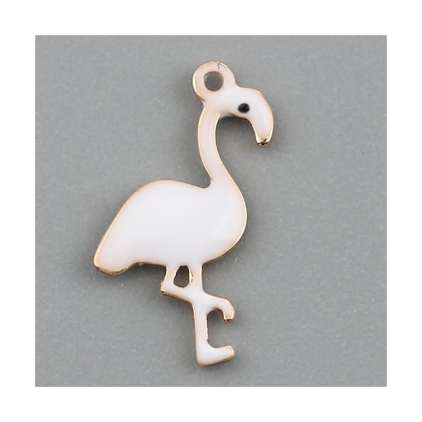 Pendentifs style émaillés Flamingo, Flamant Rose 14x7mm Blanc