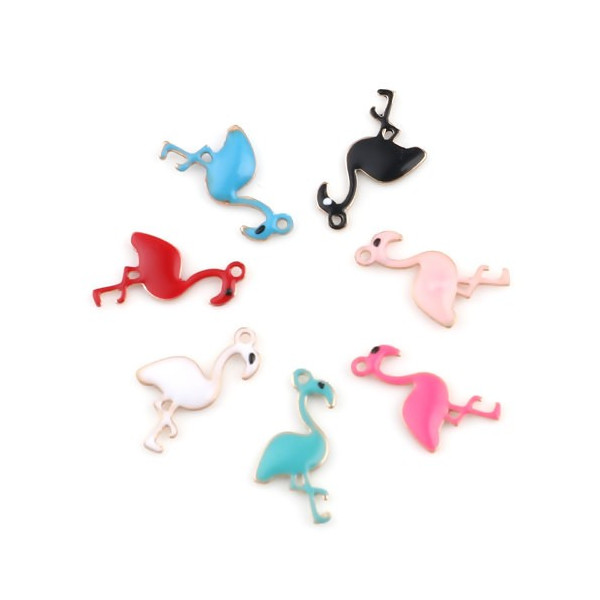 Pendentifs style émaillés Flamingo, Flamant Rose 14 par 7mm Rose