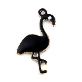 Pendentifs style émaillés Flamingo, Flamant Rose 14 par 7mm Noir ( pendentifs très fins )