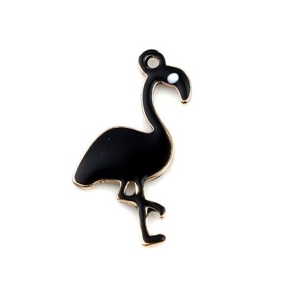 Pendentifs style émaillés Flamingo, Flamant Rose 14 par 7mm Noir ( pendentifs très fins )