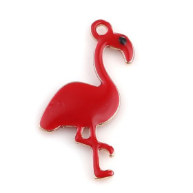 PS11669602 PAX 2  Pendentifs style émaillés Flamingo, Flamant Rose 14 par 7mm Rouge