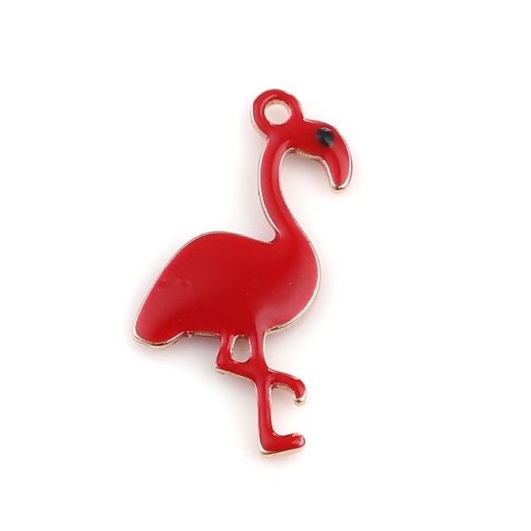 PS11669602 PAX 2  Pendentifs style émaillés Flamingo, Flamant Rose 14 par 7mm Rouge