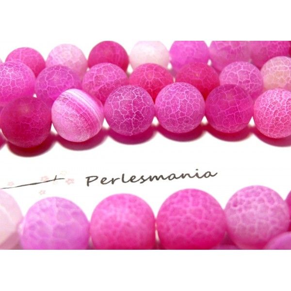 H589 Lot de 10 perles  Rondes Agate craquelé 14mm EFFET GIVRE Rose Fuschia couleur 10