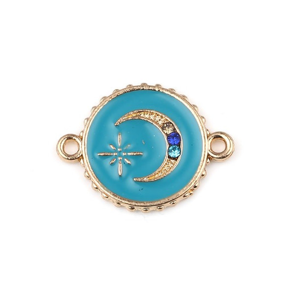 PS11677010 PAX 5 connecteurs émaillés Bleu Turquoise Cercle et Lune avec strass multicolores 16mm