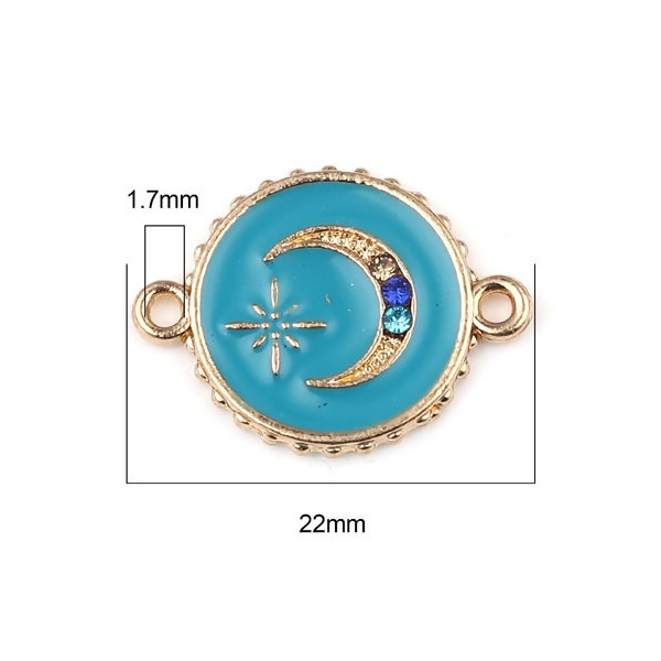 PS11677010 PAX 5 connecteurs émaillés Bleu Turquoise Cercle et Lune avec strass multicolores 16mm