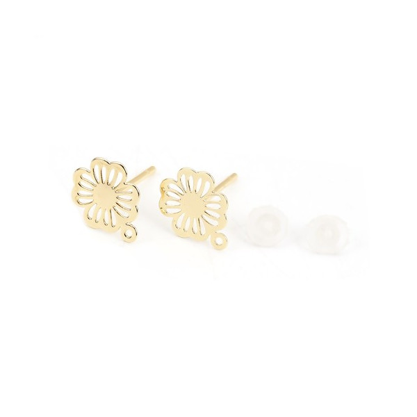 Boucles d'oreille clou puce avec attache Fleur Dentelle Cuivre couleur Doré 18KT