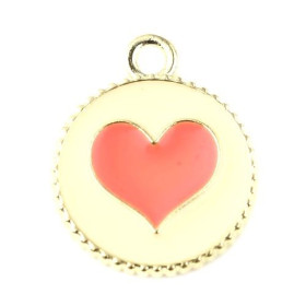 PS11674696 PAX 10 pendentifs émaillés Cercle et Coeur Rose 16mm