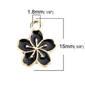 Pendentifs émaillés Fleur de Sakura Noir 15mm métal doré