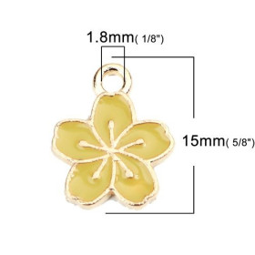 PS110228149 PAX 10 pendentifs émaillés Fleur de Sakura Jaune Vert 15mm métal doré 