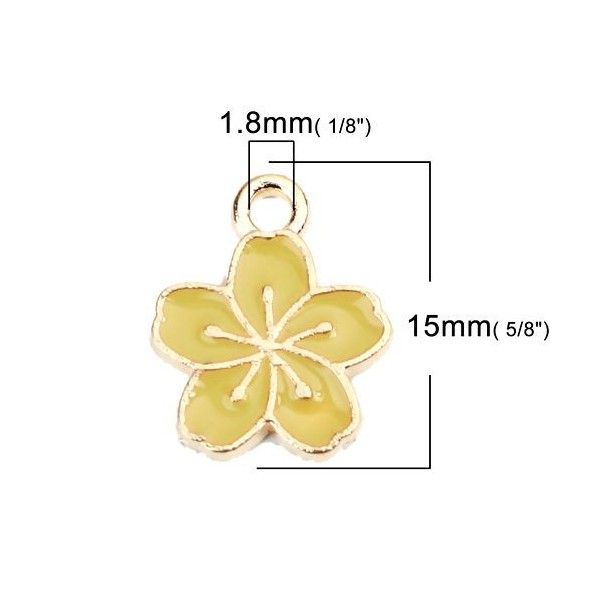 PS110228149 PAX 10 pendentifs émaillés Fleur de Sakura Jaune Vert 15mm métal doré 