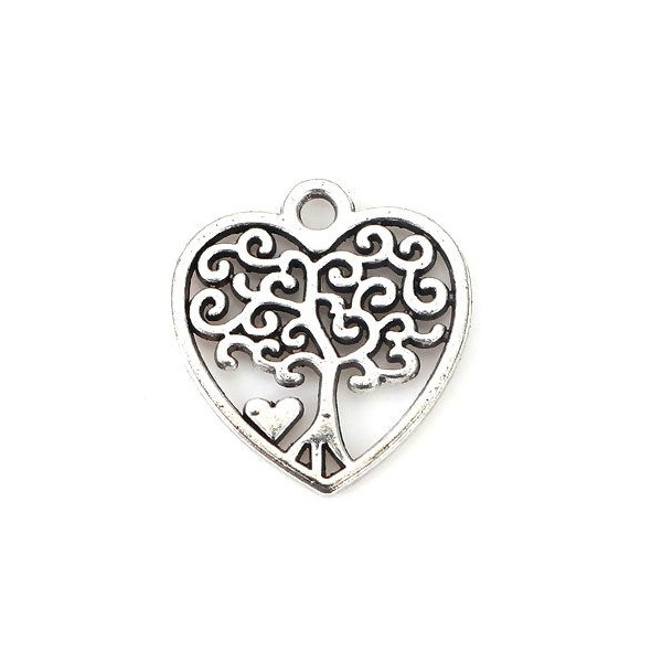 Pendentif breloque ARBRE dans Coeur 18mm coloris Argent Platine