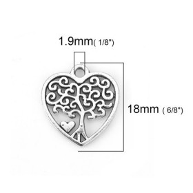 PS110117022 PAX 10 pendentifs breloque ARBRE dans Coeur 18mm coloris  Argent Platine