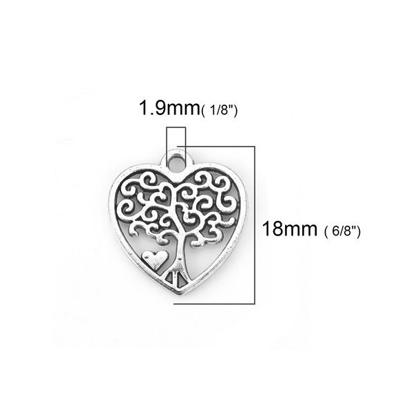 PS110117022 PAX 10 pendentifs breloque ARBRE dans Coeur 18mm coloris  Argent Platine