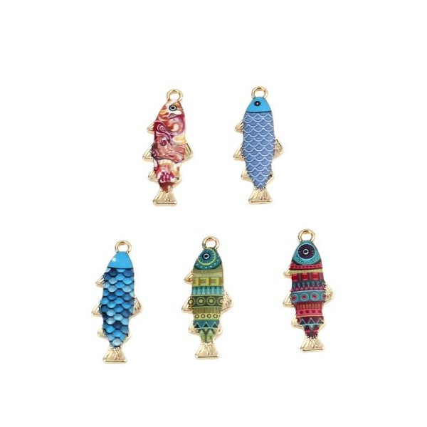 Pendentifs Poisson Ethnique 27mm – Résine Émaillée sur Métal Doré