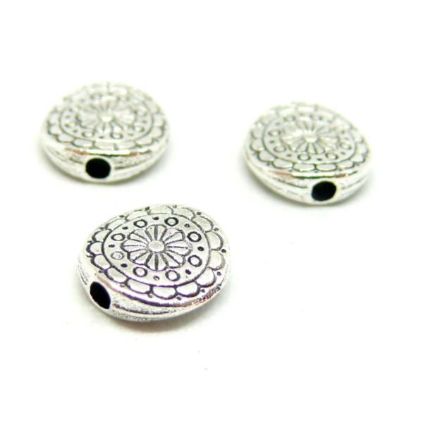 Perles Intercalaires Rondes Plates Travaillées 10mm Argent Antique
