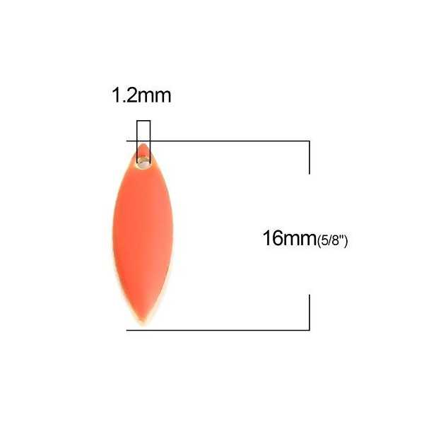 Sequins, médaillons émaillés BIFACE, NAVETTES FINES 16 par 5 mm Orange, sur une base en cuivre Doré