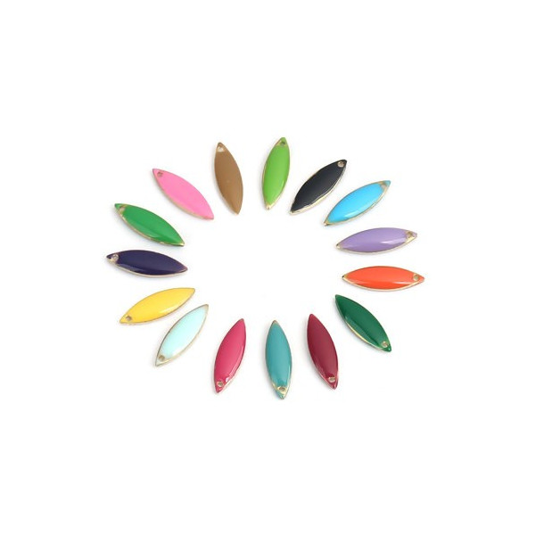 Sequins, médaillons émaillés BIFACE, NAVETTES FINES 16 par 5 mm Orange, sur une base en cuivre Doré