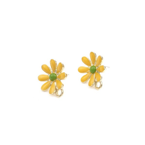 Boucles d'oreille clou puce avec attache Grande Fleur émaillée Jaune métal couleur Doré ( vendu avec embouts poussoirs plastique