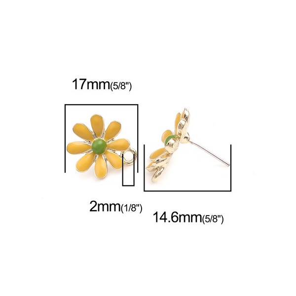 PS110252746 PAX 2 Boucles d'oreille clou puce avec attache Grande Fleur émaillée Jaune métal couleur Doré