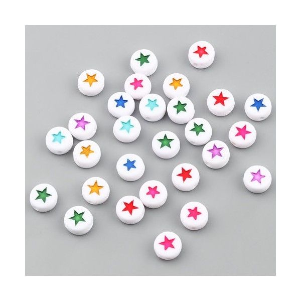 PS11669893 PAX 100 pendentifs Perles intercalaire passants Rond Plat Blanc motif  Etoile Multicolores Acrylique