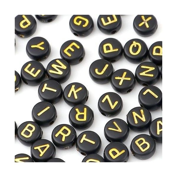 PS11669750 PAX 100 pendentifs Perles intercalaire passants Rond Plat Noir 7mm motif Alphabet Or Acrylique