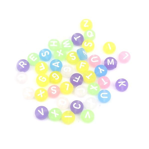 Pendentifs Perles intercalaire passants  Rond Plat 7mm Multicolores Effet Givre Alphabet Acrylique