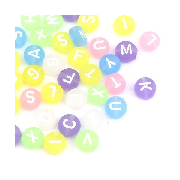 Pendentifs Perles intercalaire passants  Rond Plat 7mm Multicolores Effet Givre Alphabet Acrylique