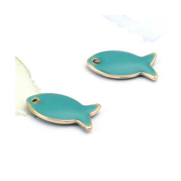 Pendentifs Poisson Bleu Pétrole style emaillé 14 mm metal couleur Doré