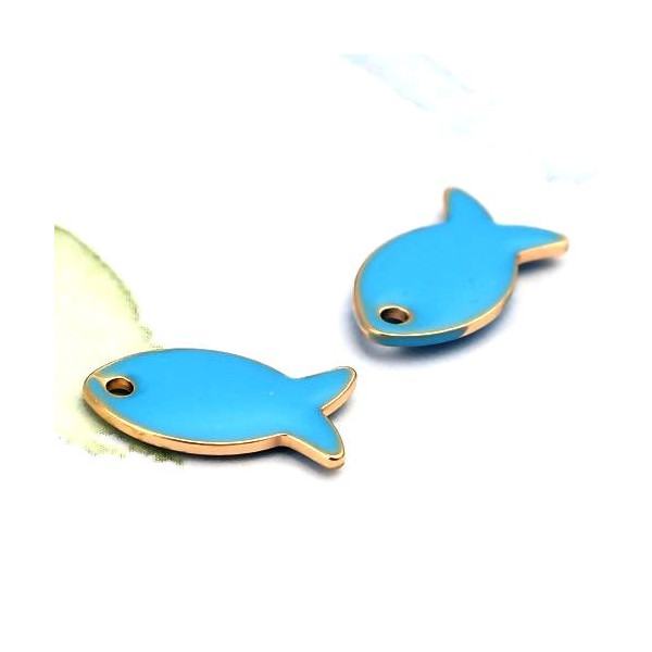 Pendentifs Poisson Bleu Turquoise Émaillé 14mm – Métal Doré
